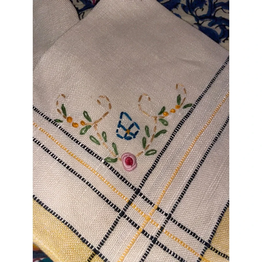Vintage Pair Embroidered Linen Napkins Pink Rose Floral Yellow Plaid